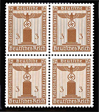 GE 3 PF. 1938 Official Nazi Emblem Stamp Block