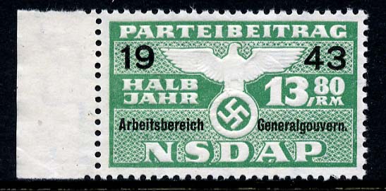 Nazi Party Dues 1943 "Generalgouvernment" Stamp 13.80 Marks