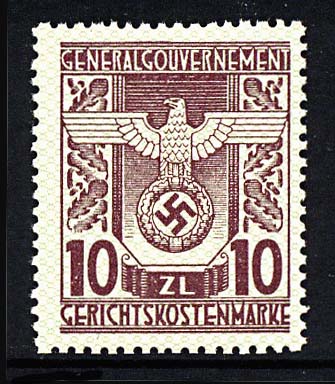 Nazi Occupation General Government Court Fee Stamp 10 ZL. 1942