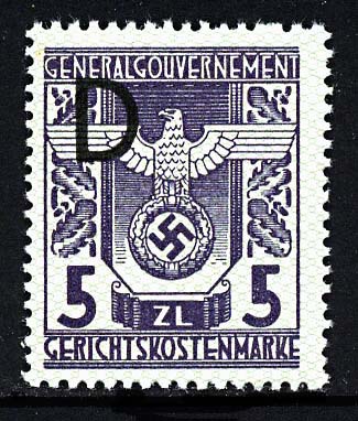 Nazi Occupation General Government Official Court Fee Stamp 5 ZL. 1943