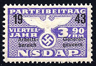 Nazi Party Dues 1943 "Generalgouvernment" Stamp 3.90 Marks