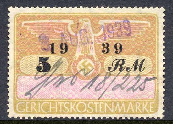 Court Fee Stamp  1939 5 Marks