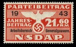 Nazi Party Dues 1943 "Generalgovernment" Stamp 21.60 Marks