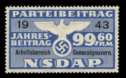 Nazi Party Dues 1943 "Generalgovernment" Stamp 99.60 Marks