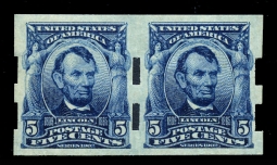VF NH, 1906 Five-cent Lincoln Imperforate Pair: Shermack