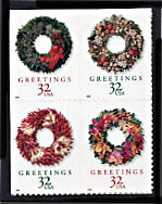 3249-52b  Christmas Wreaths Booklet Pane Block