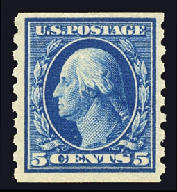 US 396 1910 Five-cent Washington horizontal Coil Perf. 8 1/2.