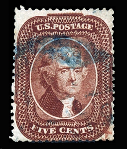 US 28 1858 5 Cent Jefferson, Red Brown